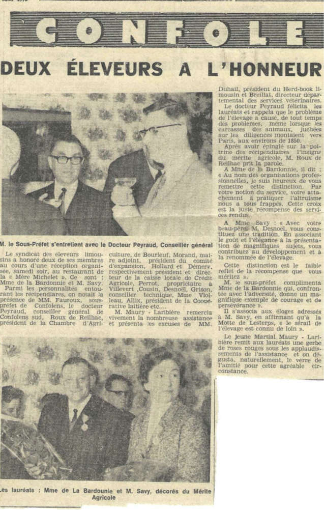 Centre Ouest 8 mai 1970 Marthe chevalier du Mérite agricole